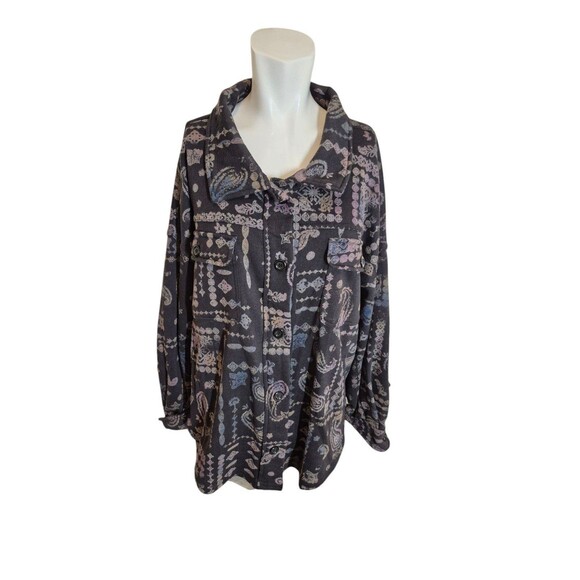 Vintage Havana Boyfriend Fleece Button Down Boho Paisley Sweatshirt Sz L - Picture 1 of 8